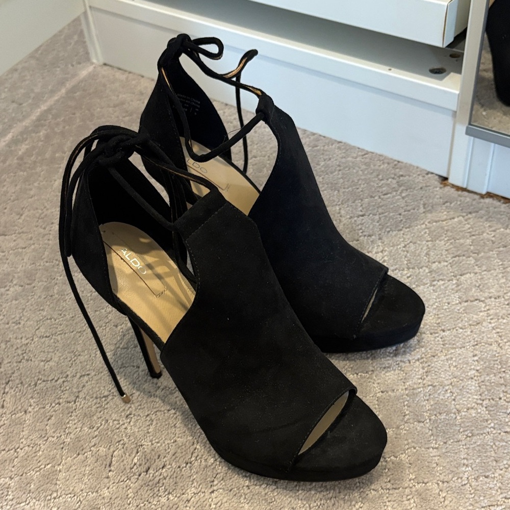 Aldo Black Suede Peep-Toe Lace-Up Stiletto Heels